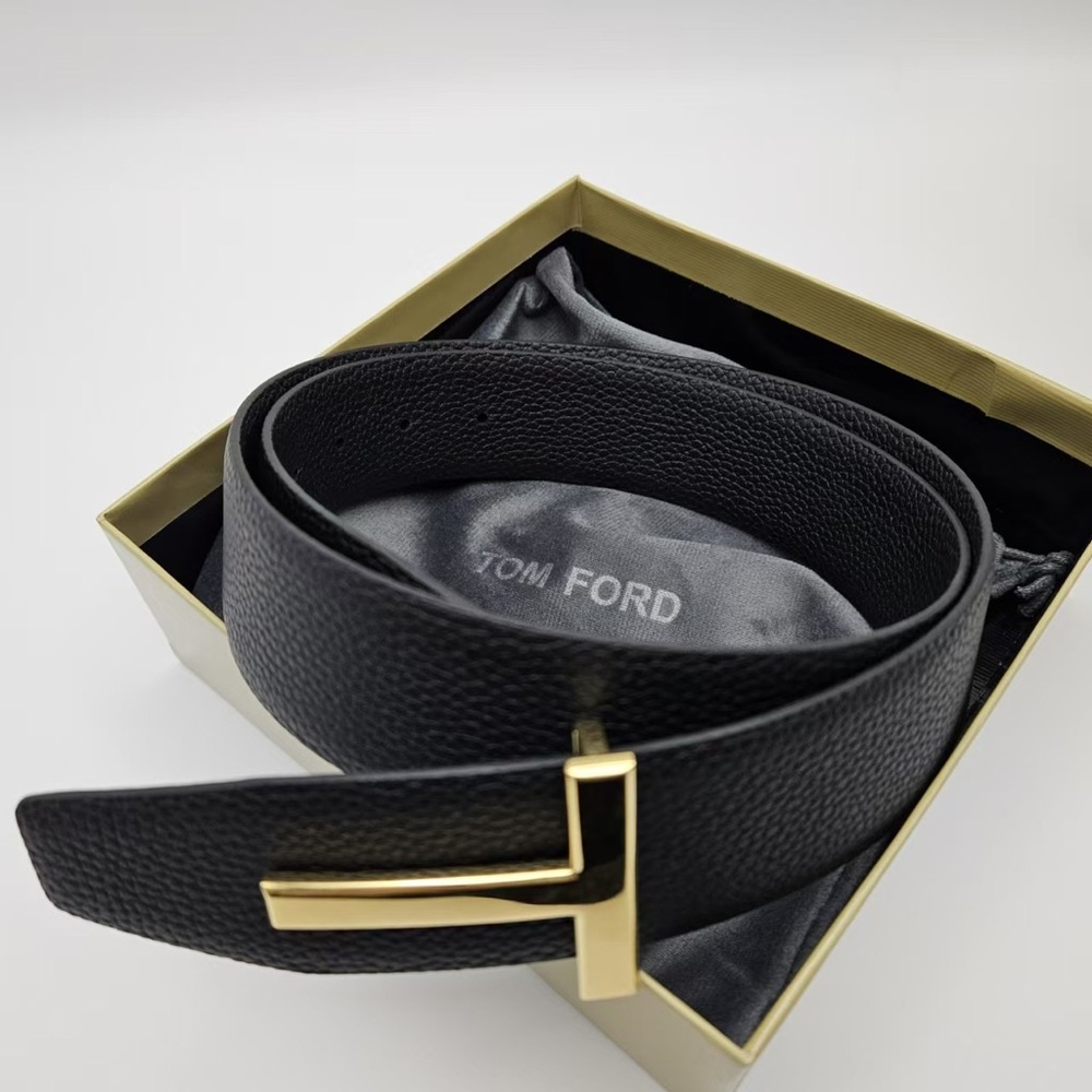 Tom Ford Textured Black Belt with Gold Accent